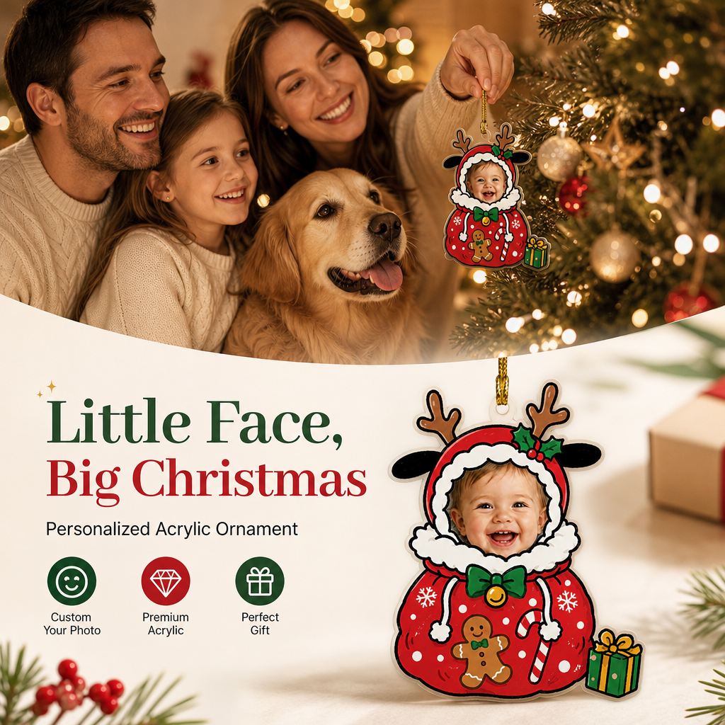 Little Face, Big Christmas banner with a family, golden retriever and the baby reindeer gift sack ornament