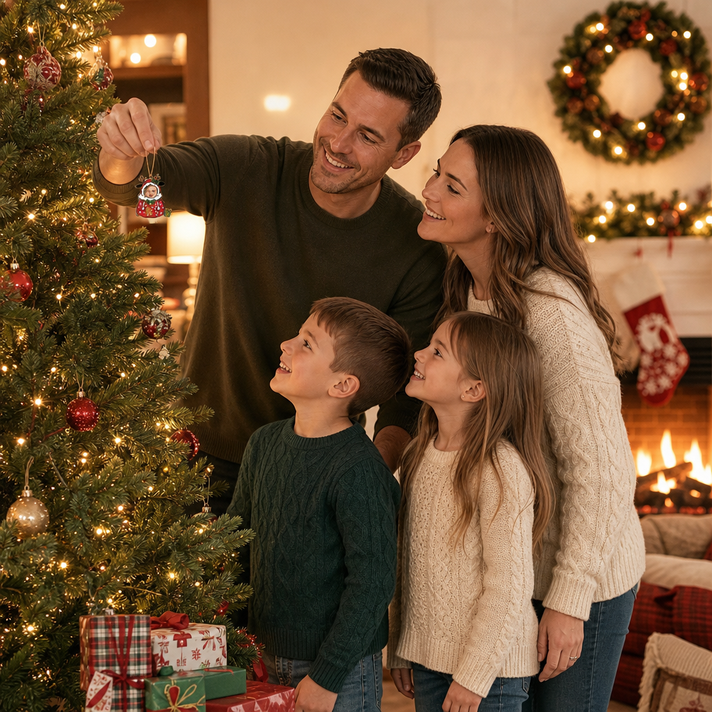 Family by the fireplace hanging the custom baby photo reindeer ornament on the tree