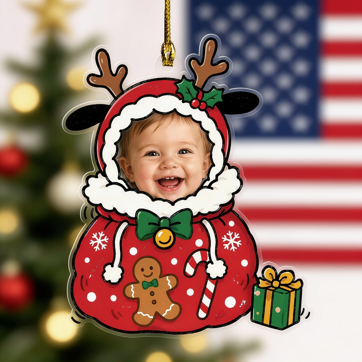 Baby face reindeer gift sack ornament in front of an American flag