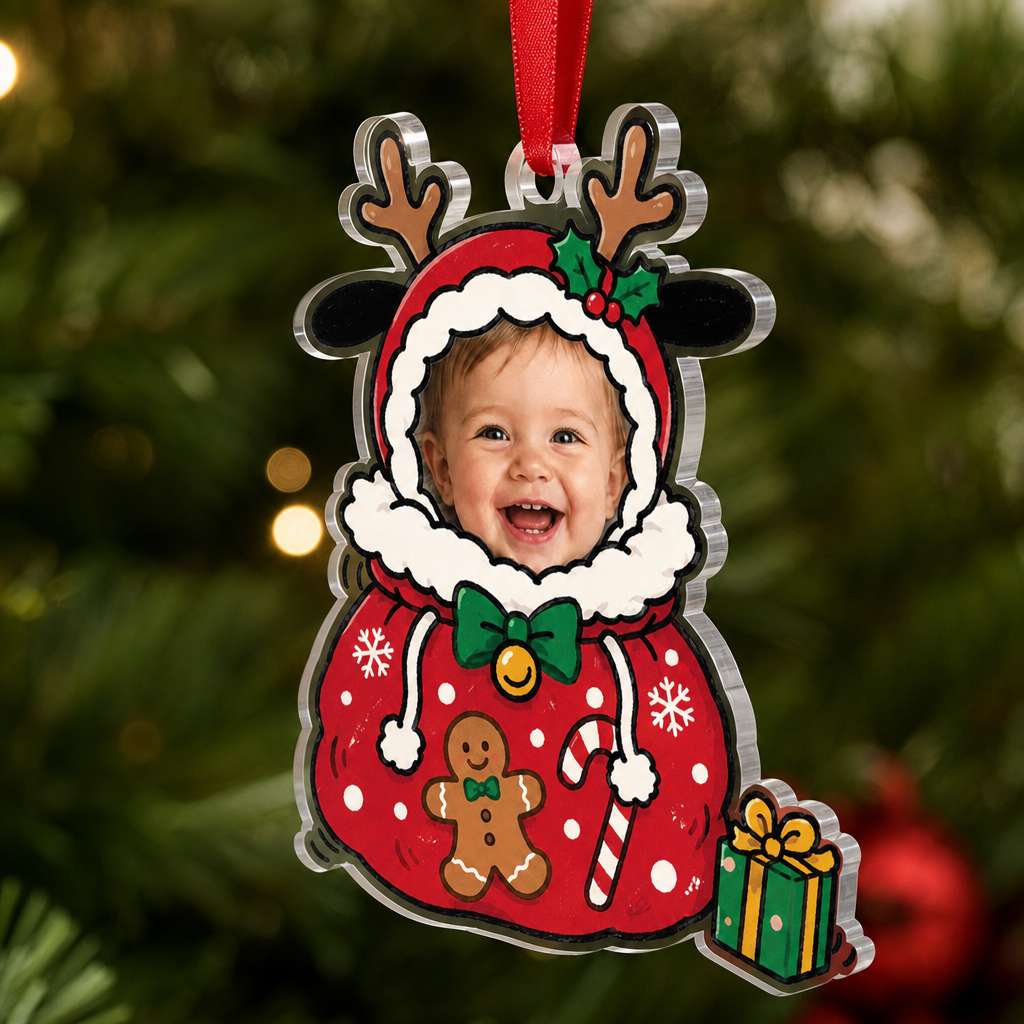 Side view of the clear acrylic baby reindeer gift sack ornament on a red ribbon