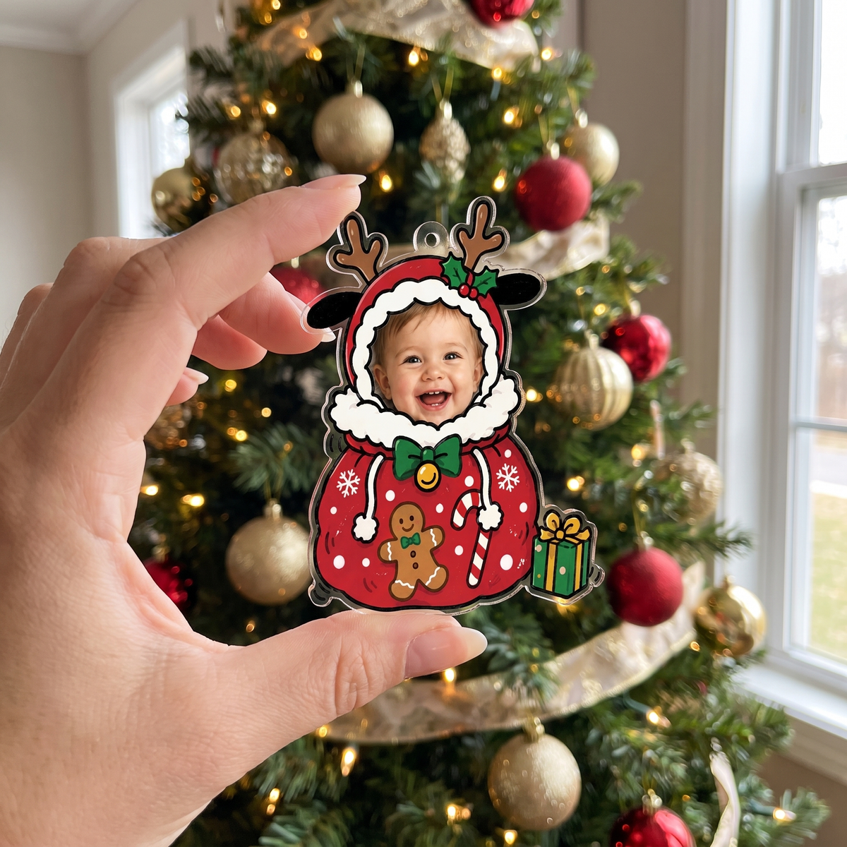 Hand holding the personalized baby reindeer gift sack ornament by a decorated tree