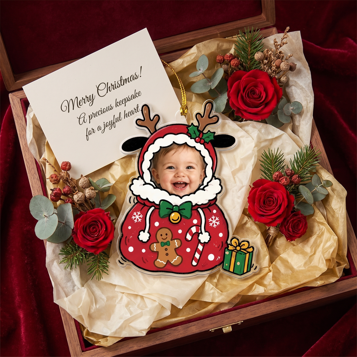 Baby reindeer gift sack ornament in a wooden gift box with red roses and a Merry Christmas card