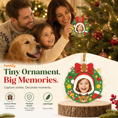 Tiny Ornament, Big Memories banner with a family, golden retriever and the Santa hat wreath photo ornament