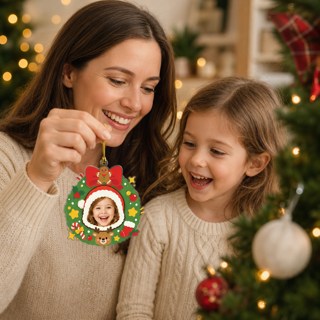 Mother and daughter laughing at the personalized Santa hat wreath ornament