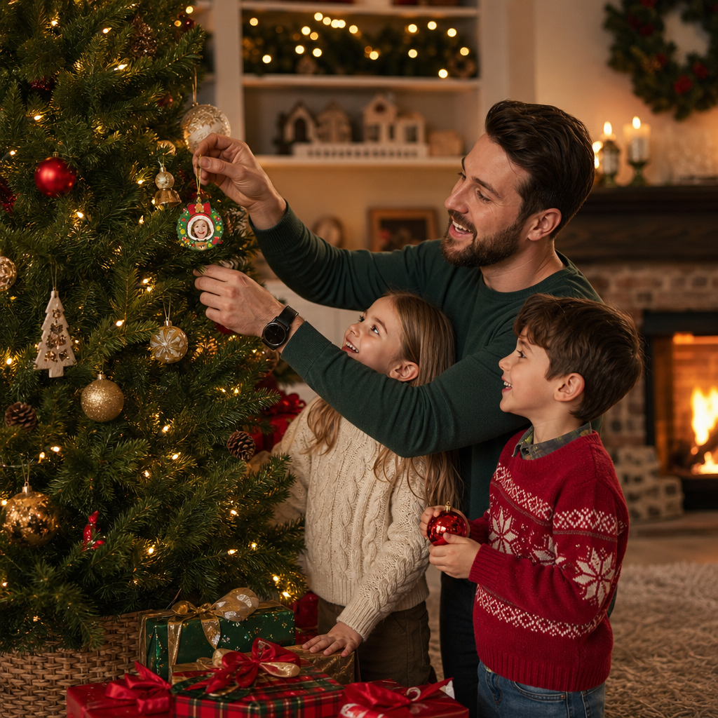 Dad hanging the kid face wreath ornament as two children watch by the fireplace