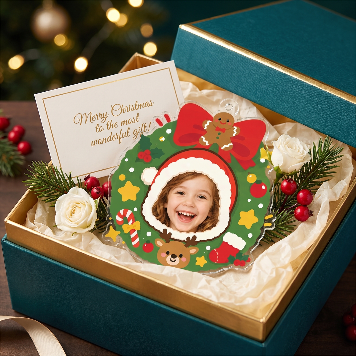 Santa hat wreath photo ornament in a teal gift box with white roses and a Merry Christmas card