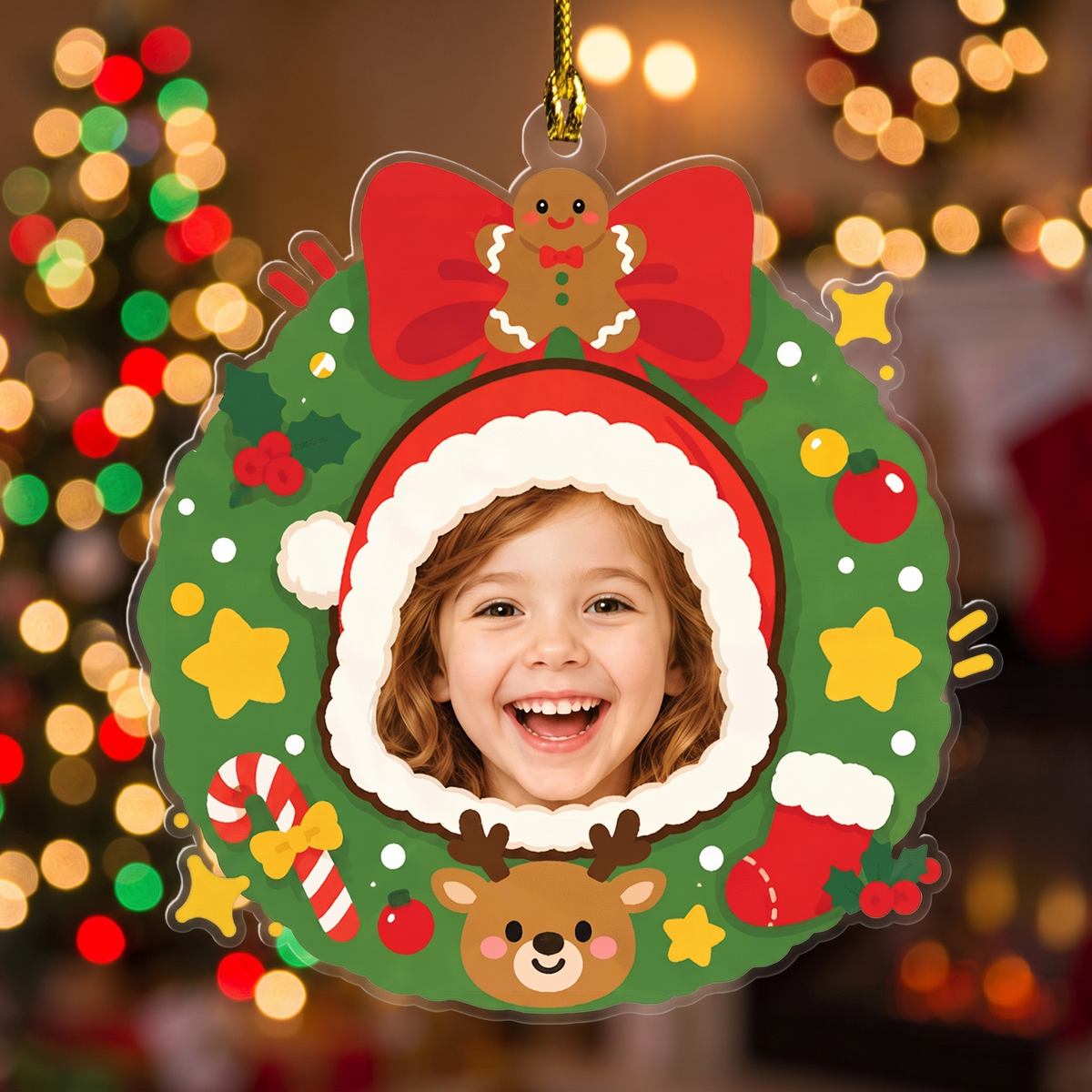 Santa hat wreath photo ornament with a smiling girl's face in front of colorful bokeh lights