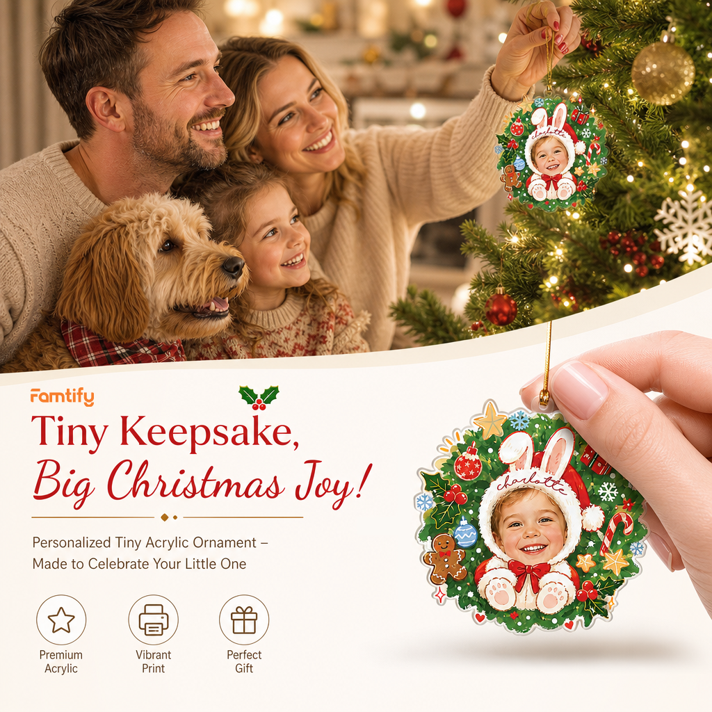 Tiny Keepsake, Big Christmas Joy banner featuring the bunny Santa wreath ornament and a family with a dog