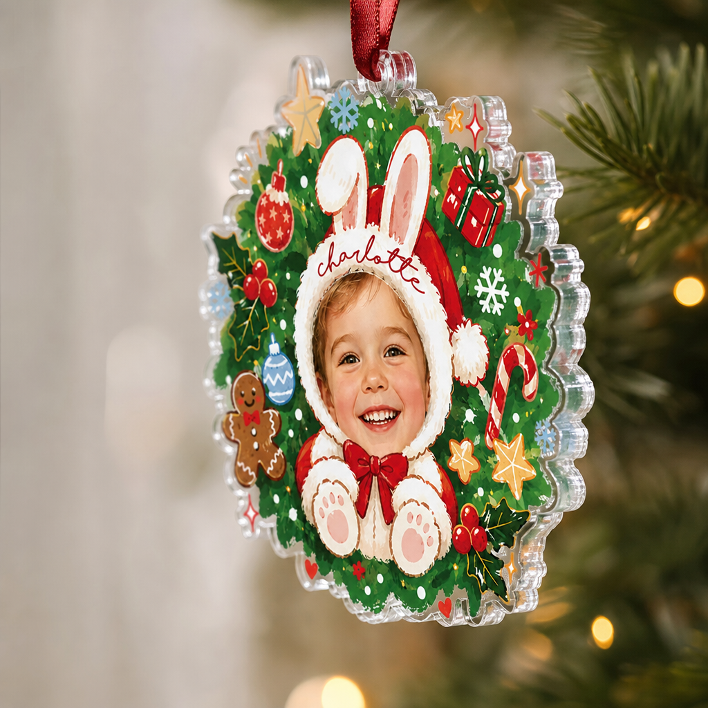 Side view of the clear acrylic bunny Santa wreath ornament hanging on a red ribbon