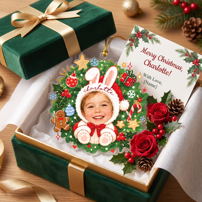 Bunny Santa wreath ornament in a green gift box with red roses, pinecone and a personalized card