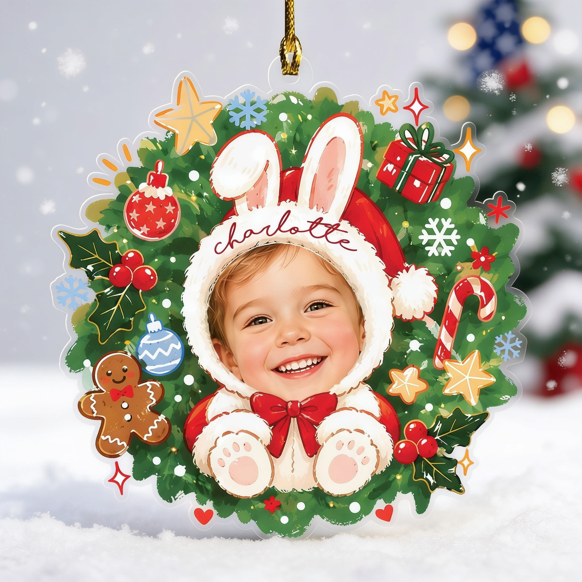 Custom name bunny Santa wreath photo ornament on a snowy background with gingerbread and stars