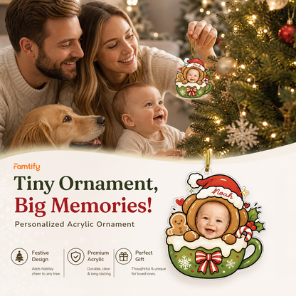 Tiny Ornament, Big Memories banner with a family, baby, dog and the gingerbread bear cocoa mug ornament
