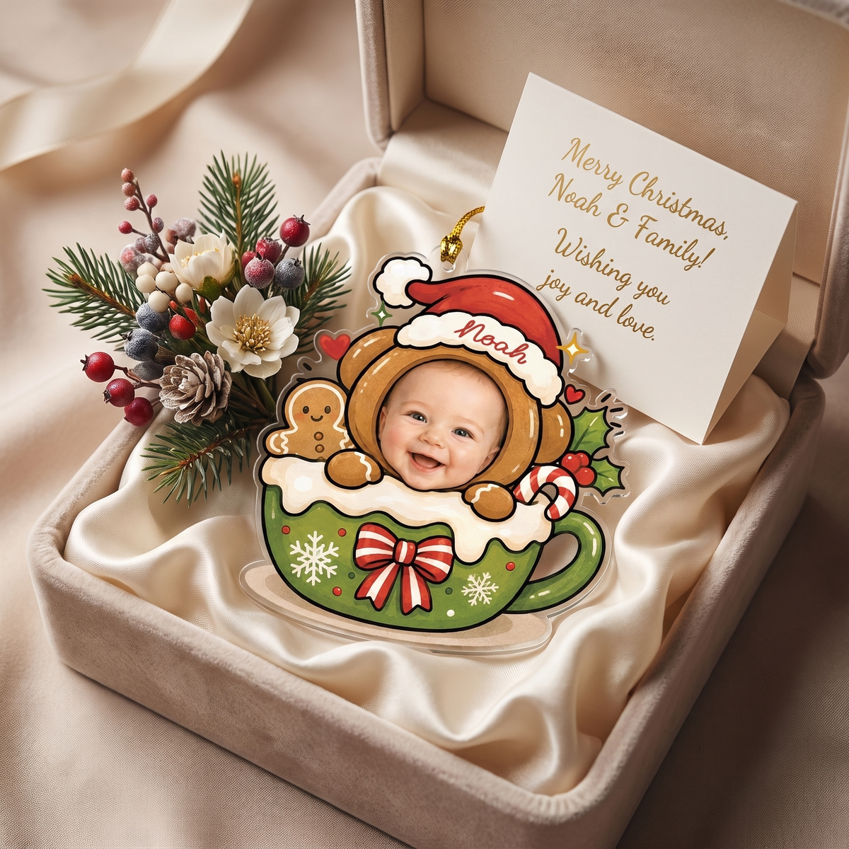 Gingerbread bear cocoa mug baby ornament in a satin gift box with winter flowers and a card