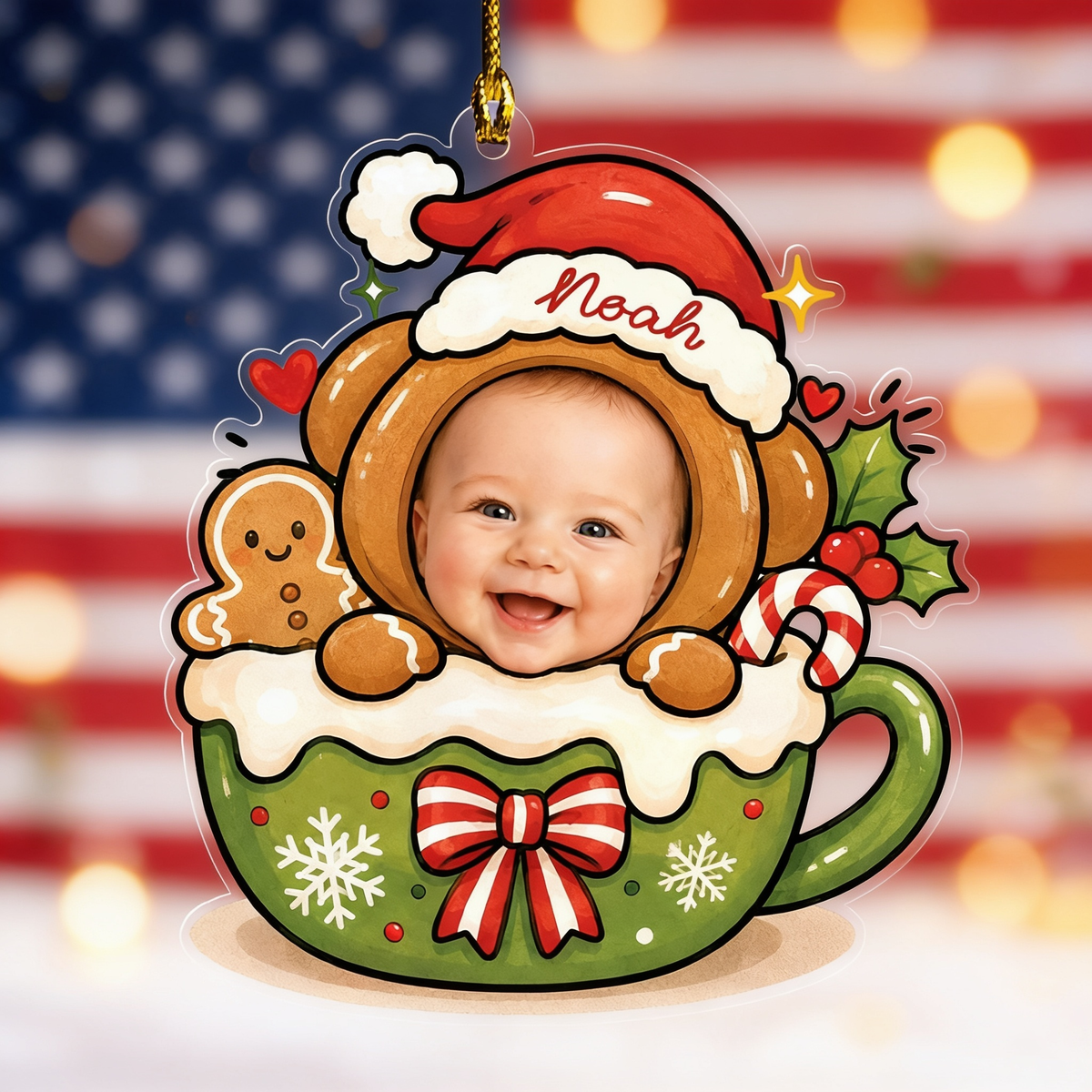 Baby face gingerbread bear cocoa mug ornament with custom name in front of an American flag