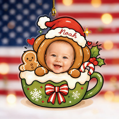Baby face gingerbread bear cocoa mug ornament with custom name in front of an American flag