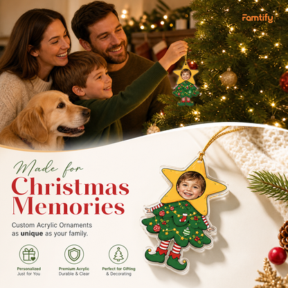 Made for Christmas Memories banner with a family, dog and the kid face Christmas tree costume ornament