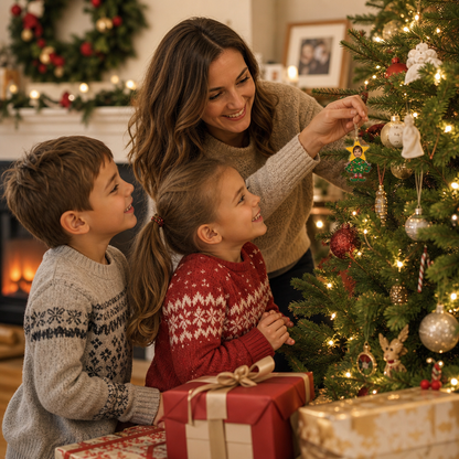 Mom and two kids hanging the personalized tree costume ornament beside wrapped presents