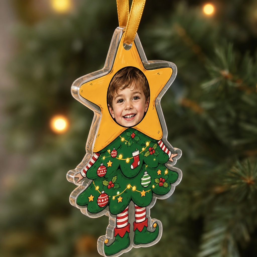 Side view of the clear acrylic star topper Christmas tree costume ornament on a gold ribbon