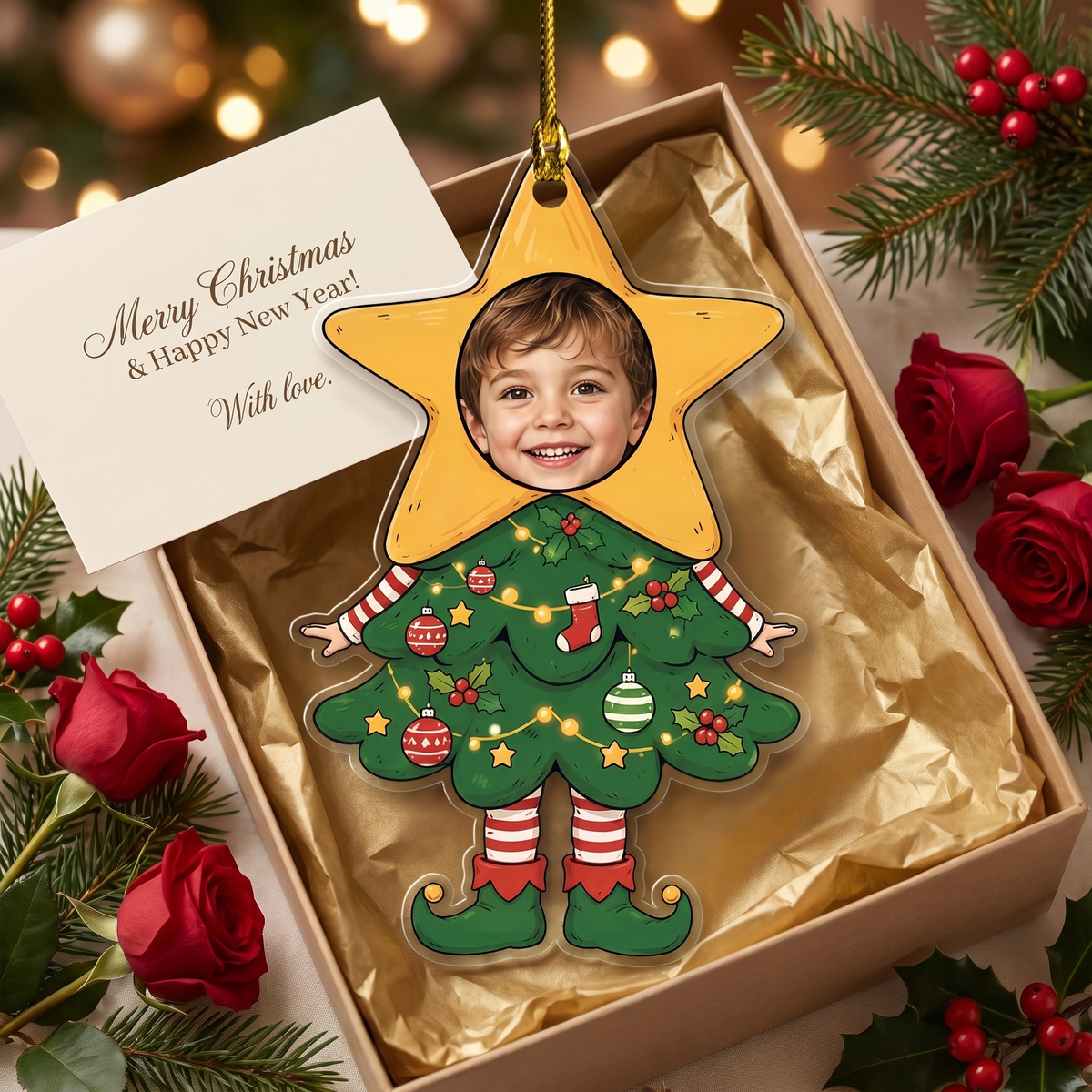 Kid face Christmas tree costume ornament in a gold gift box with red roses and a Merry Christmas card