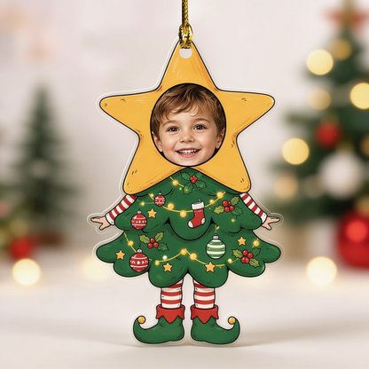 Christmas tree costume photo ornament with custom kid face in the star, striped stockings and elf shoes