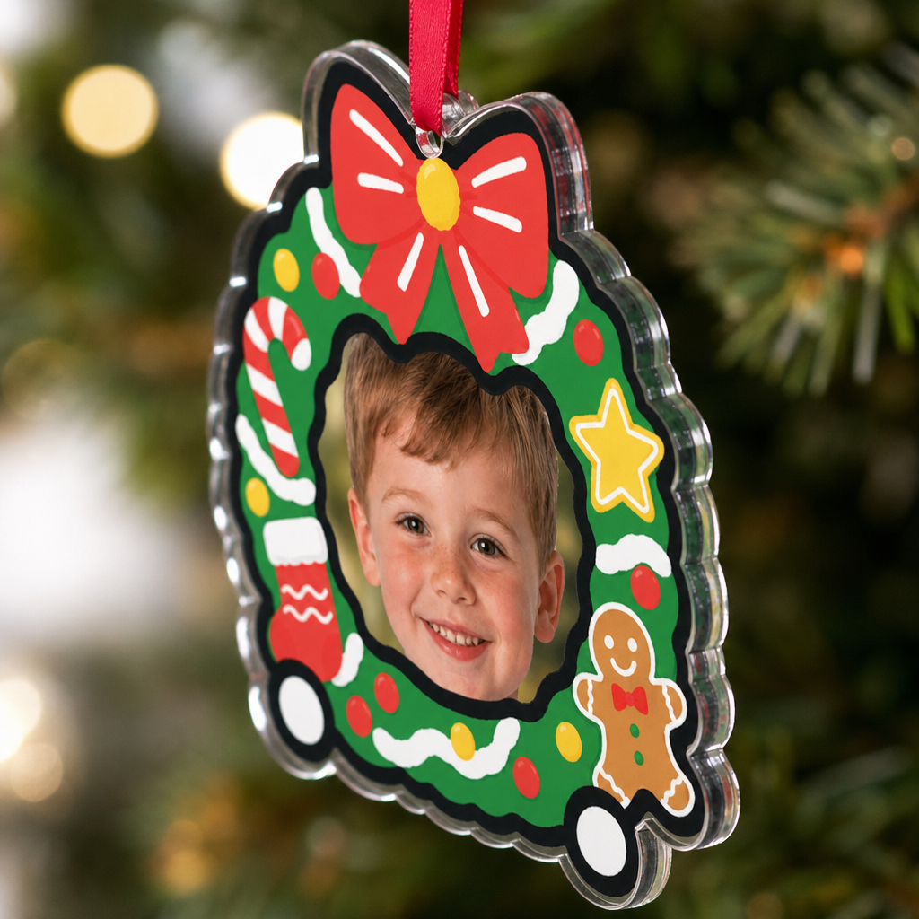 Personalized Baby Face Christmas Wreath Car Acrylic Ornament, Custom Photo Kid Holiday Tree Hanging Decor, Baby First Christmas Keepsake Gift