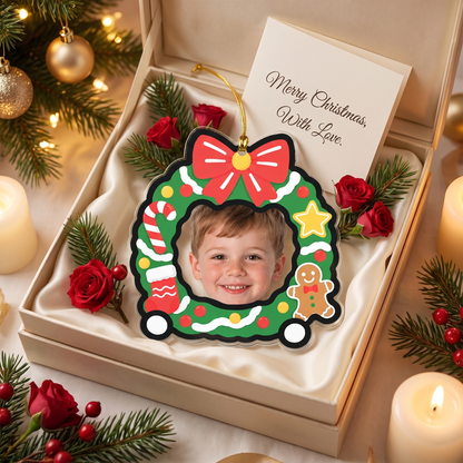 Personalized Baby Face Christmas Wreath Car Acrylic Ornament, Custom Photo Kid Holiday Tree Hanging Decor, Baby First Christmas Keepsake Gift