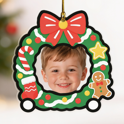 Personalized Baby Face Christmas Wreath Car Acrylic Ornament, Custom Photo Kid Holiday Tree Hanging Decor, Baby First Christmas Keepsake Gift