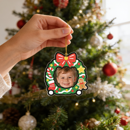 Personalized Baby Face Christmas Wreath Car Acrylic Ornament, Custom Photo Kid Holiday Tree Hanging Decor, Baby First Christmas Keepsake Gift