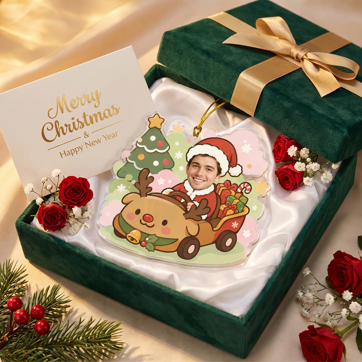 Personalized Face Santa Driving Reindeer Sleigh Car Acrylic Ornament, Custom Photo Santa Claus Holiday Tree Hanging Decor, Christmas Keepsake Gift
