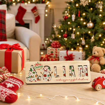 Personalized Christmas Snowman Wooden Puzzle Board - Custom Kids Holiday Learning Toy & Nursery Decor