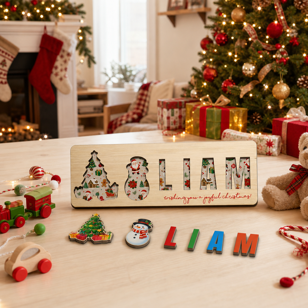 Personalized Christmas Snowman Wooden Puzzle Board - Custom Kids Holiday Learning Toy & Nursery Decor