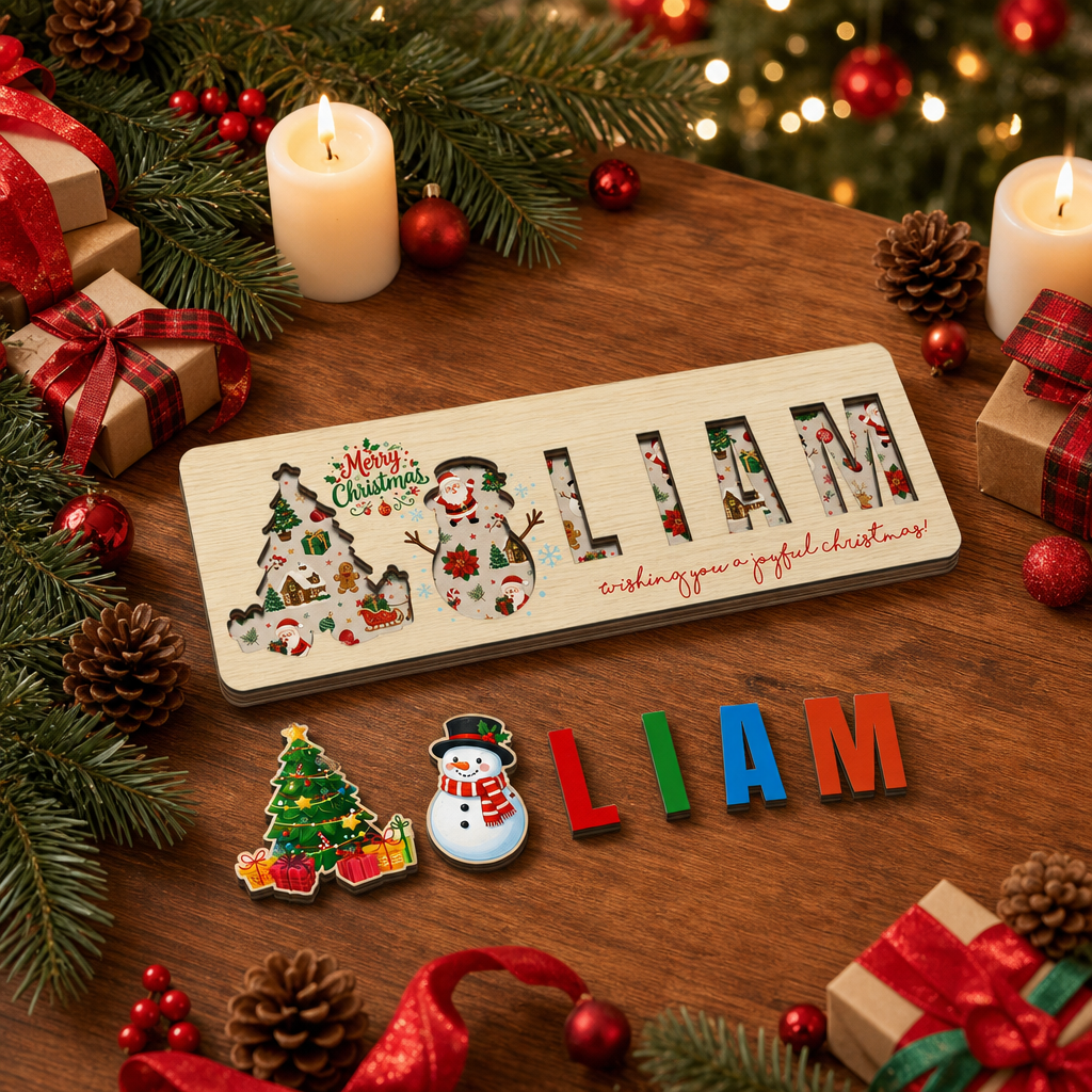 Personalized Christmas Snowman Wooden Puzzle Board - Custom Kids Holiday Learning Toy & Nursery Decor
