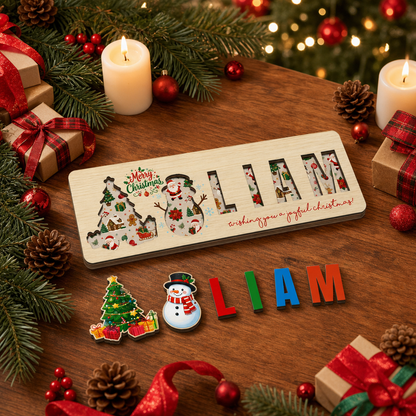 Personalized Christmas Snowman Wooden Puzzle Board - Custom Kids Holiday Learning Toy & Nursery Decor
