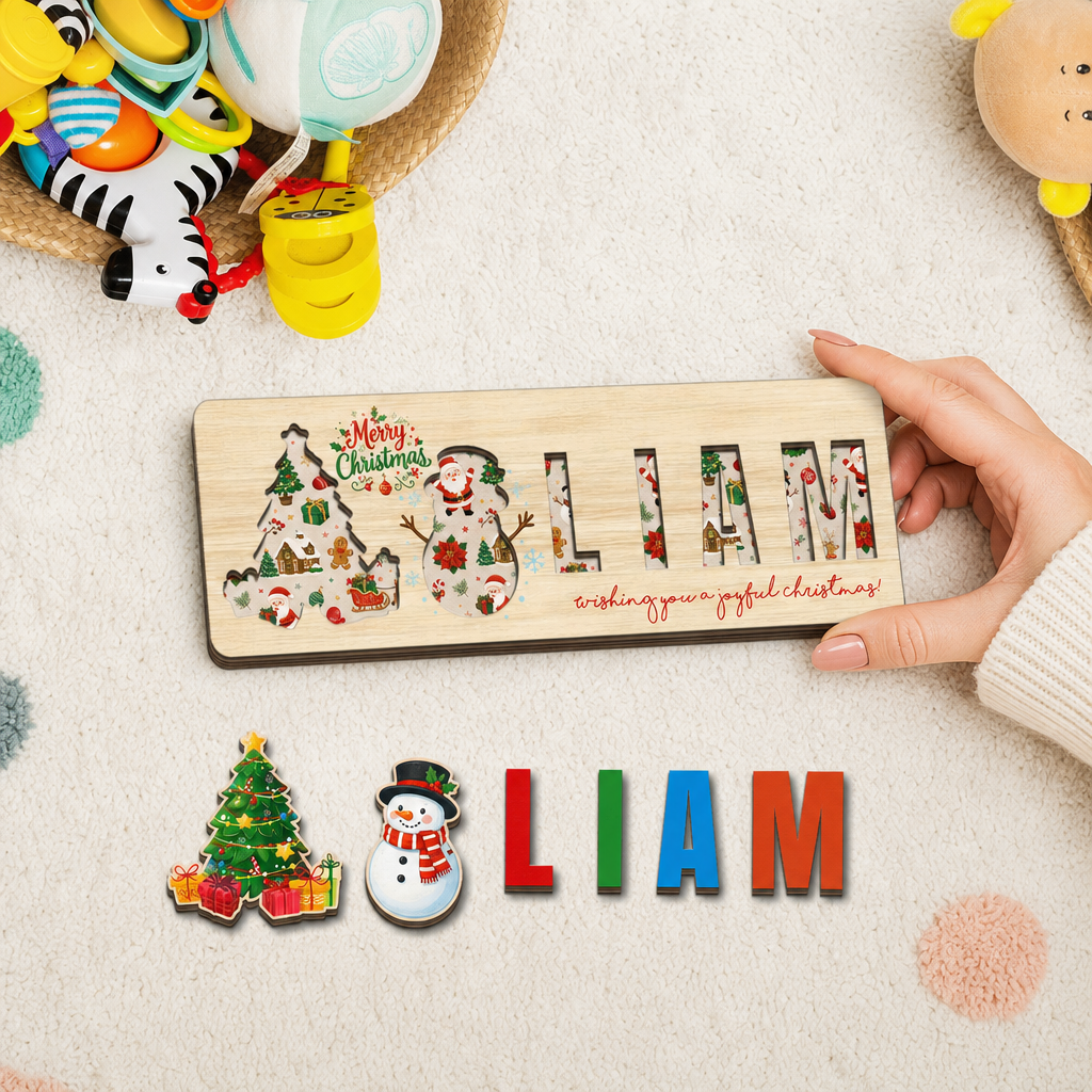 Personalized Christmas Snowman Wooden Puzzle Board - Custom Kids Holiday Learning Toy & Nursery Decor