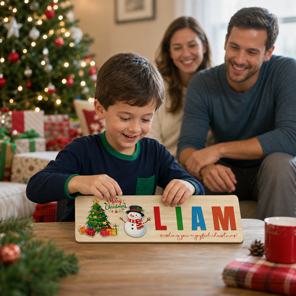 Personalized Christmas Snowman Wooden Puzzle Board - Custom Kids Holiday Learning Toy & Nursery Decor