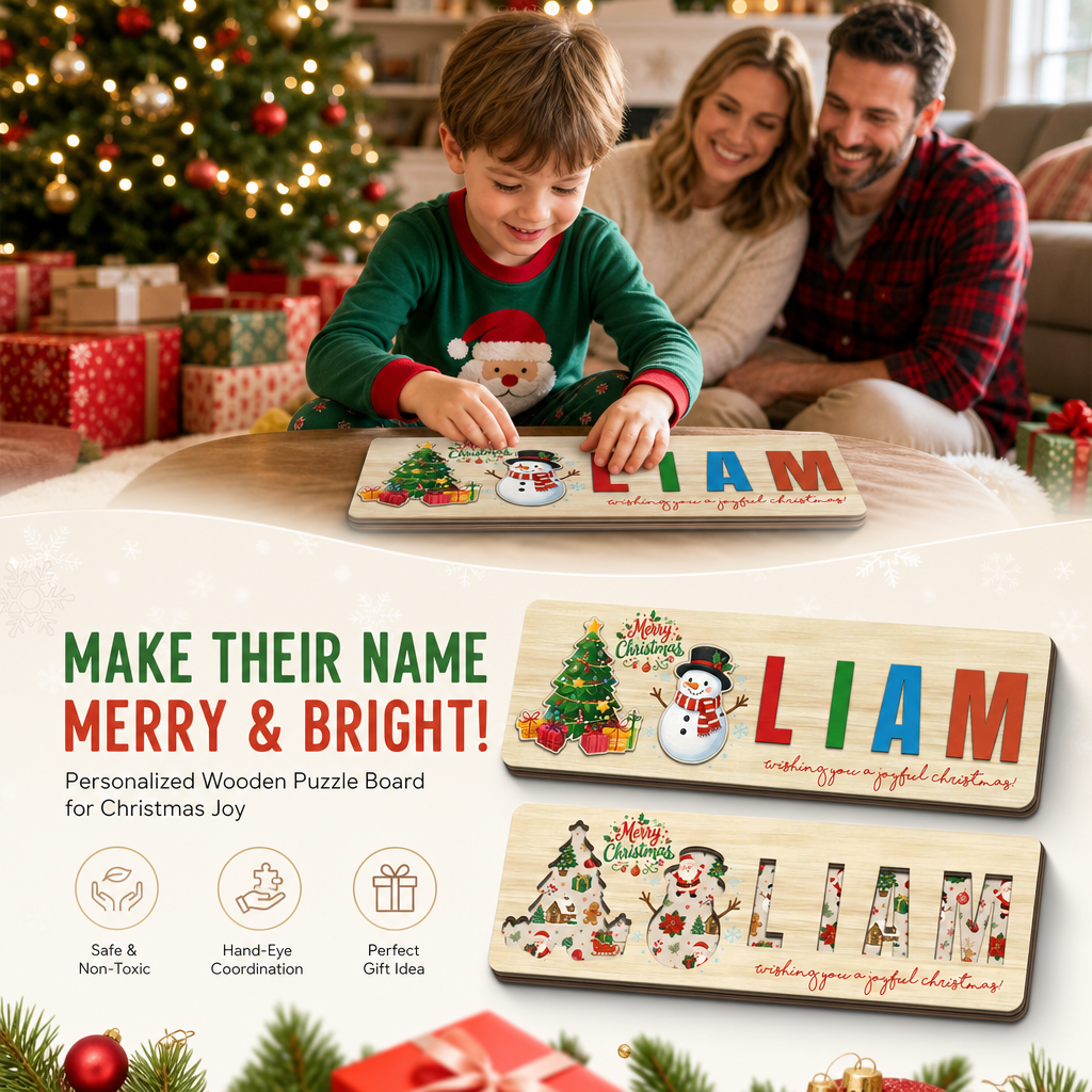 Personalized Christmas Snowman Wooden Puzzle Board - Custom Kids Holiday Learning Toy & Nursery Decor