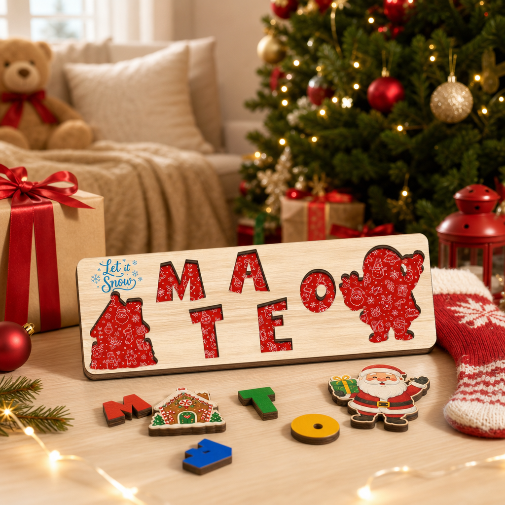 Personalized Christmas Santa & Gingerbread Wooden Puzzle Board - Custom Kids Holiday Learning Toy & Nursery Decor
