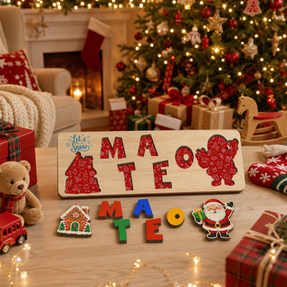 Personalized Christmas Santa & Gingerbread Wooden Puzzle Board - Custom Kids Holiday Learning Toy & Nursery Decor
