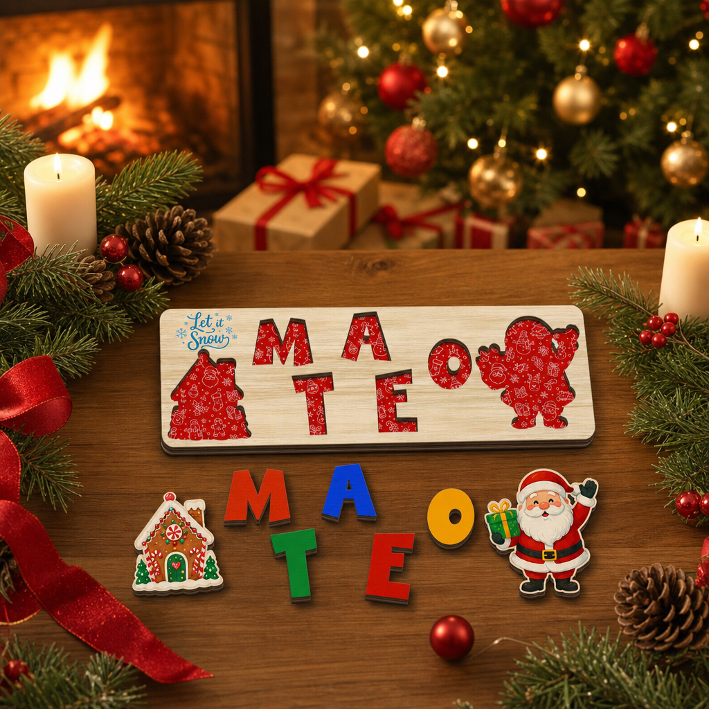 Personalized Christmas Santa & Gingerbread Wooden Puzzle Board - Custom Kids Holiday Learning Toy & Nursery Decor