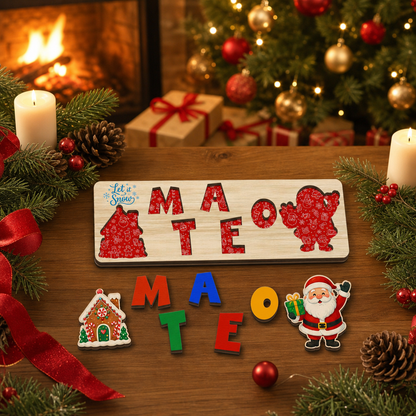Personalized Christmas Santa & Gingerbread Wooden Puzzle Board - Custom Kids Holiday Learning Toy & Nursery Decor