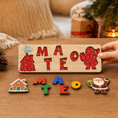 Personalized Christmas Santa & Gingerbread Wooden Puzzle Board - Custom Kids Holiday Learning Toy & Nursery Decor