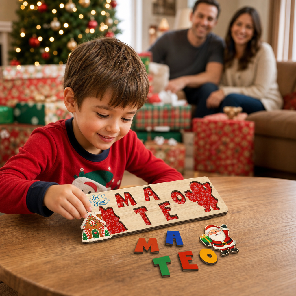 Personalized Christmas Santa & Gingerbread Wooden Puzzle Board - Custom Kids Holiday Learning Toy & Nursery Decor