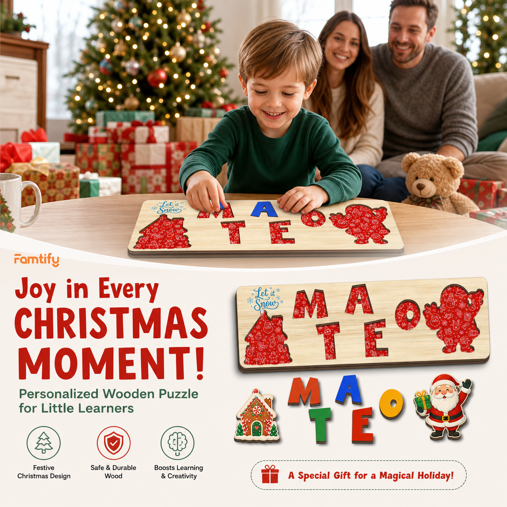 Personalized Christmas Santa & Gingerbread Wooden Puzzle Board - Custom Kids Holiday Learning Toy & Nursery Decor