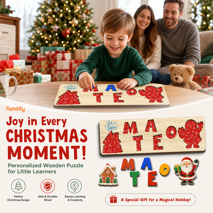 Personalized Christmas Santa & Gingerbread Wooden Puzzle Board - Custom Kids Holiday Learning Toy & Nursery Decor