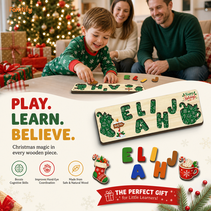 Personalized Christmas North Pole & Hot Cocoa Wooden Puzzle Board - Custom Kids Holiday Learning Toy & Nursery Decor