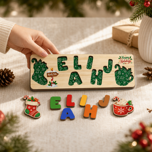 Personalized North Pole and hot cocoa Christmas wooden puzzle board with custom name
