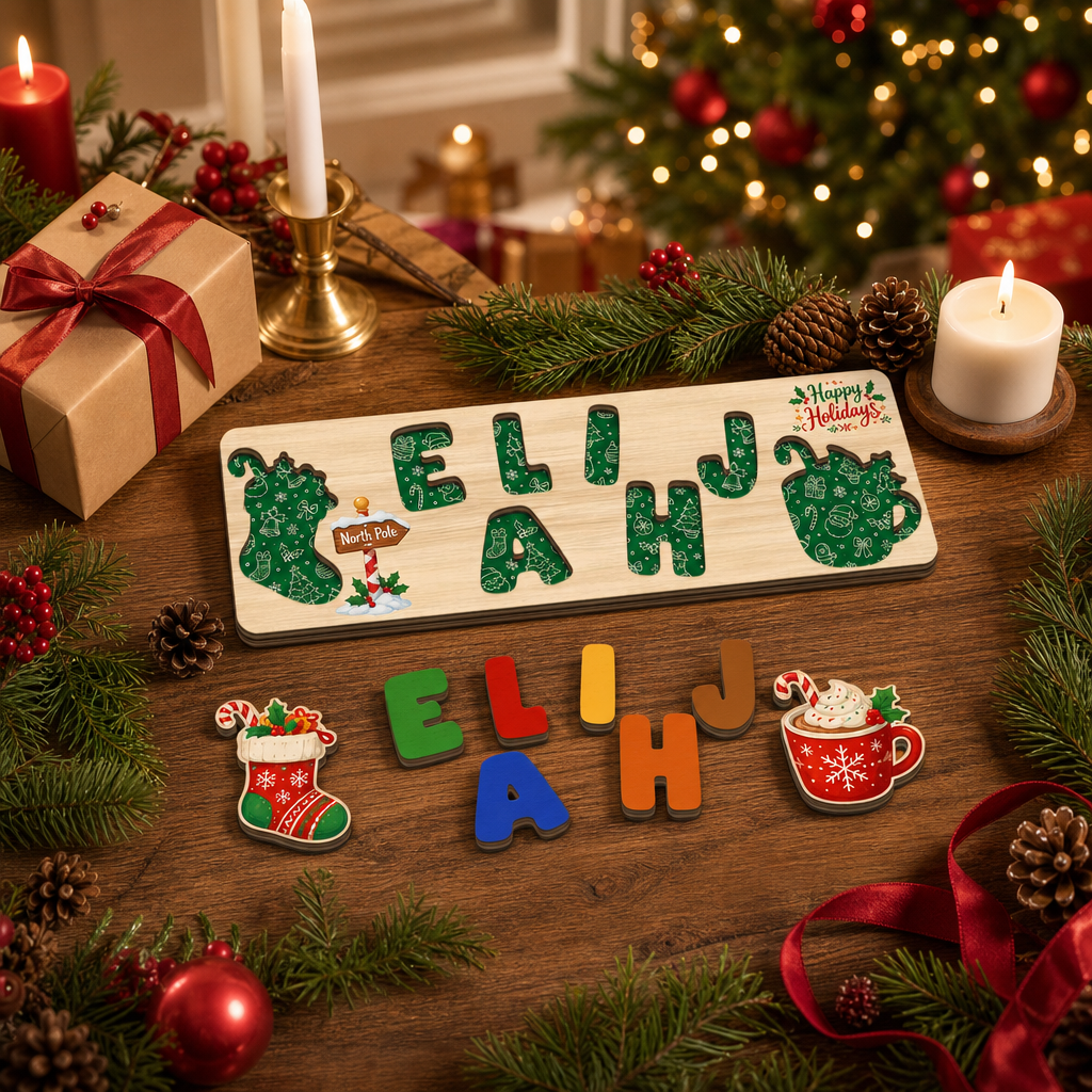 Personalized Christmas North Pole & Hot Cocoa Wooden Puzzle Board - Custom Kids Holiday Learning Toy & Nursery Decor