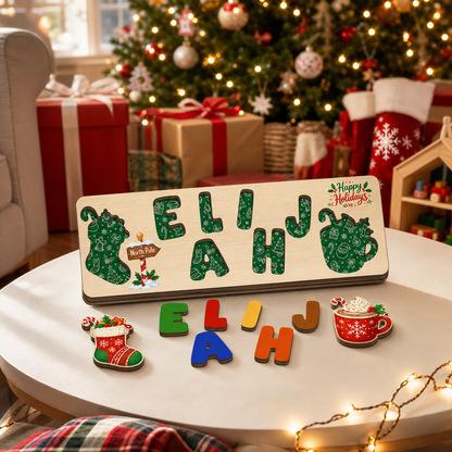 Personalized Christmas North Pole & Hot Cocoa Wooden Puzzle Board - Custom Kids Holiday Learning Toy & Nursery Decor