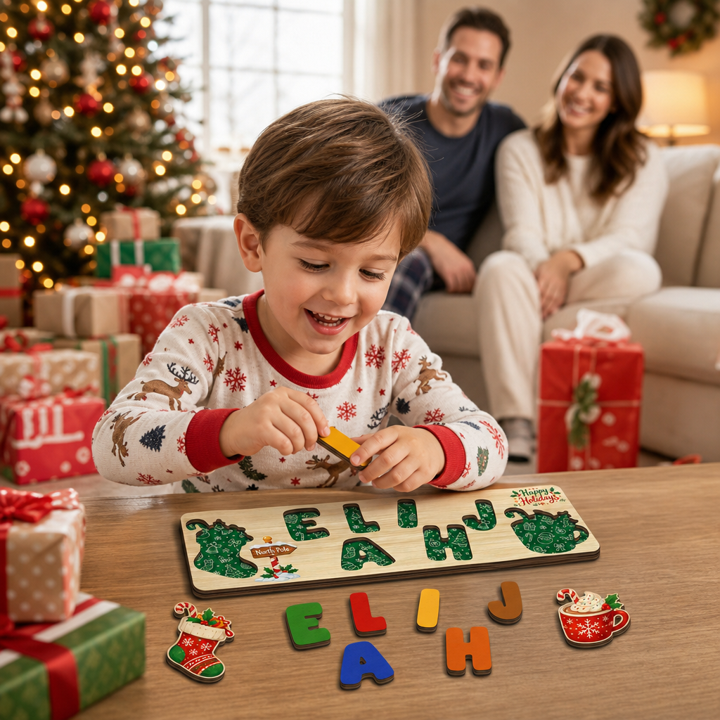 Personalized Christmas North Pole & Hot Cocoa Wooden Puzzle Board - Custom Kids Holiday Learning Toy & Nursery Decor