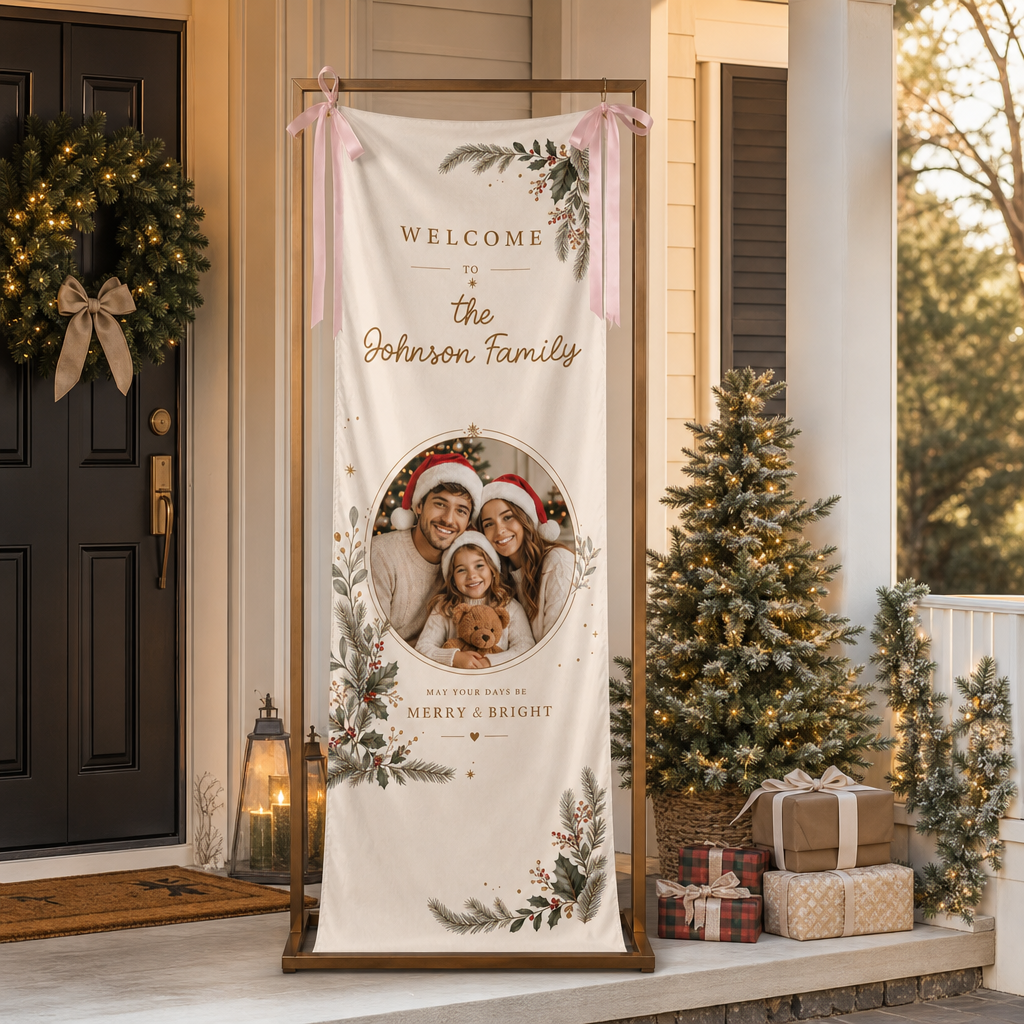Custom Family Photo Christmas Pine Foliage Fabric Welcome Banner, Personalized Holiday Entryway Hanging Sign with Ribbon Accents & Metal Grommets for Party Decor